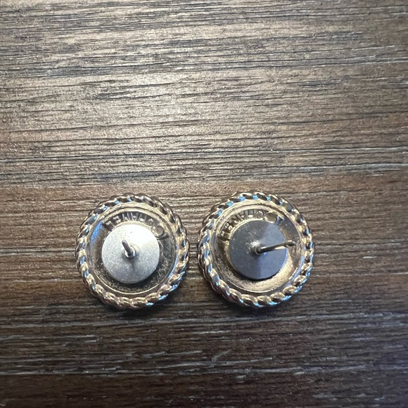 Authentic Chanel button stud earrings, lavender purple and gold logo braid trim - Picture 2 of 2